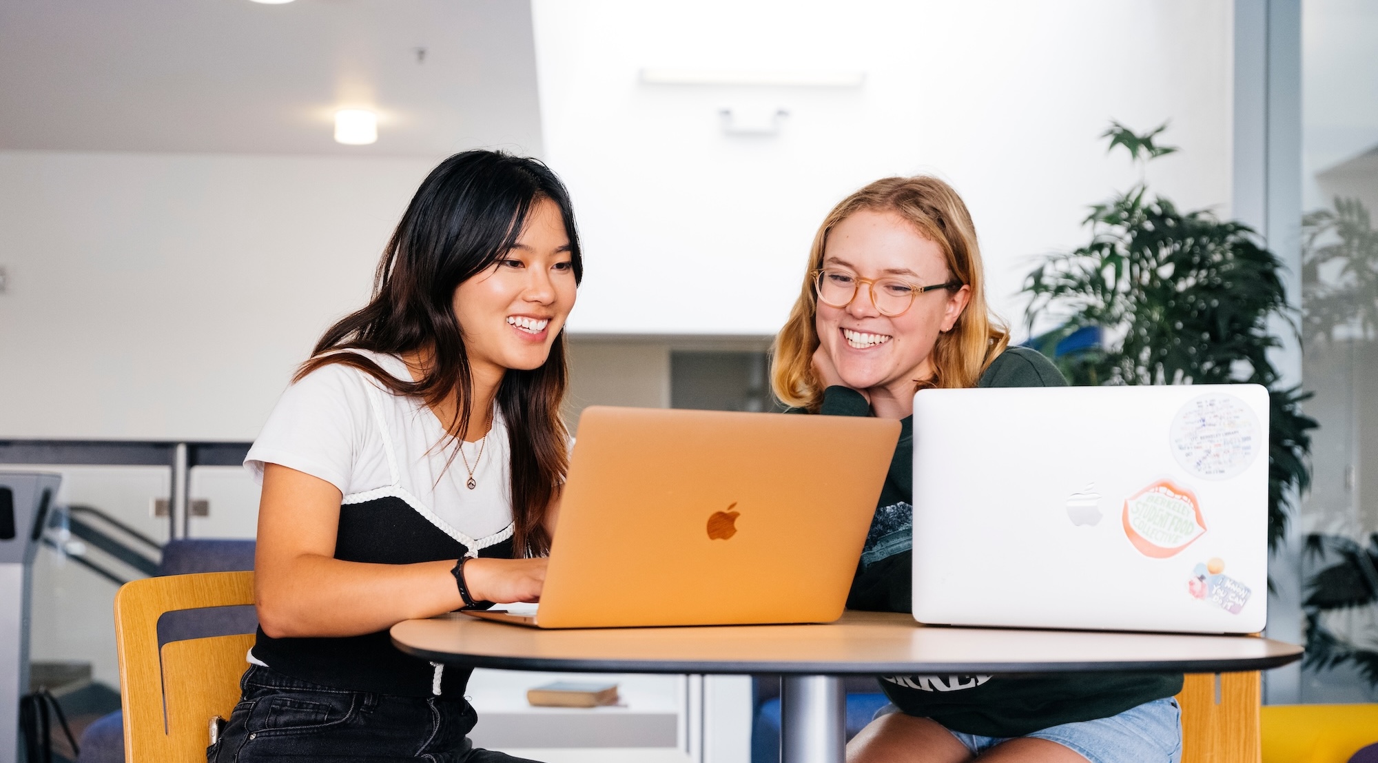 Two female students sitting together and working on their laptops.