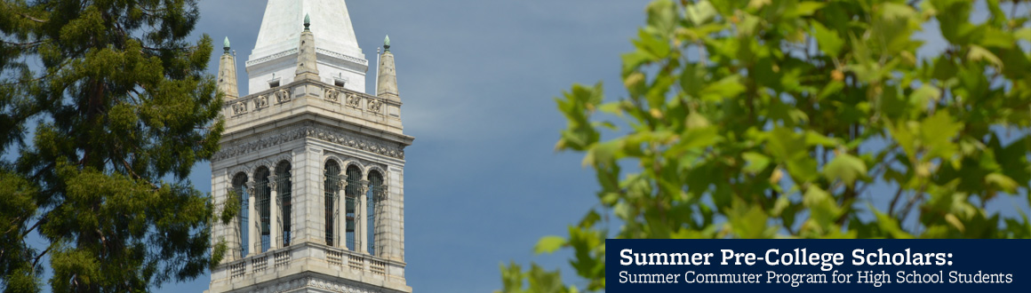 Image of the Campanile between fall trees. Text: Summer Pre-College Scholars: Summer Commuter Program for High School Students