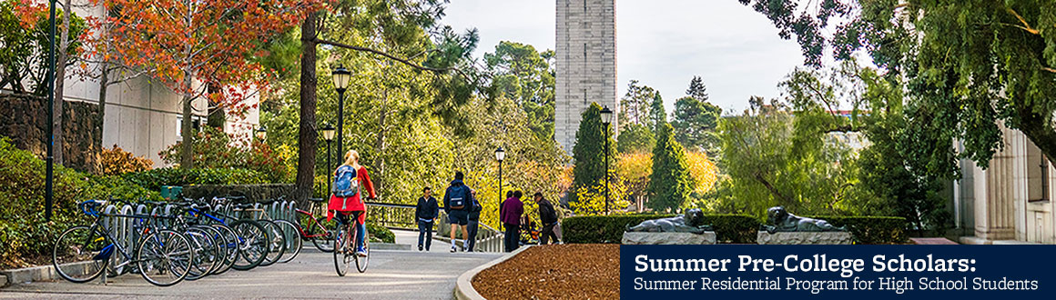 Students walking and biking on the UC Berkeley campus. Text: Summer Pre-College Scholars: Summer Residential Program for High School Students